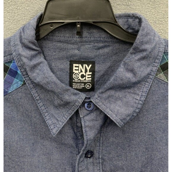 Enyce Button Down Casual Shirt Men XL Blue Plaid Accent Flap Pockets 100% Cotton - Picture 11 of 16